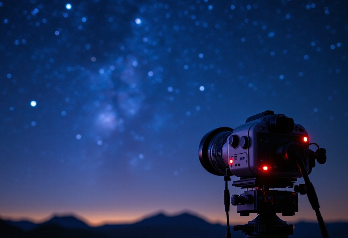 Camera on a star tracker aimed at the night sky, shallow depth of field