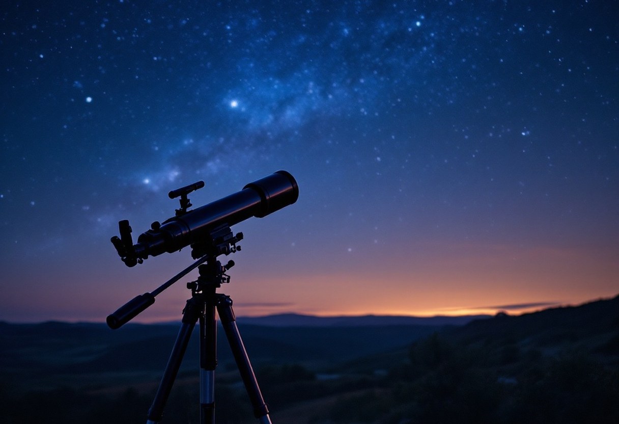 Compact refractor telescope on a sturdy tripod set up outdoors at dusk