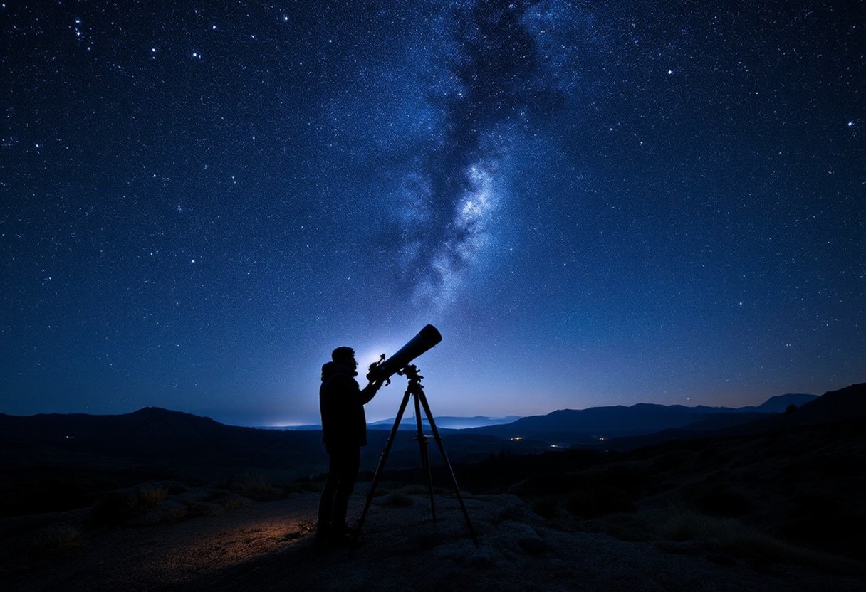 Dalton looking through his telescope under the night sky