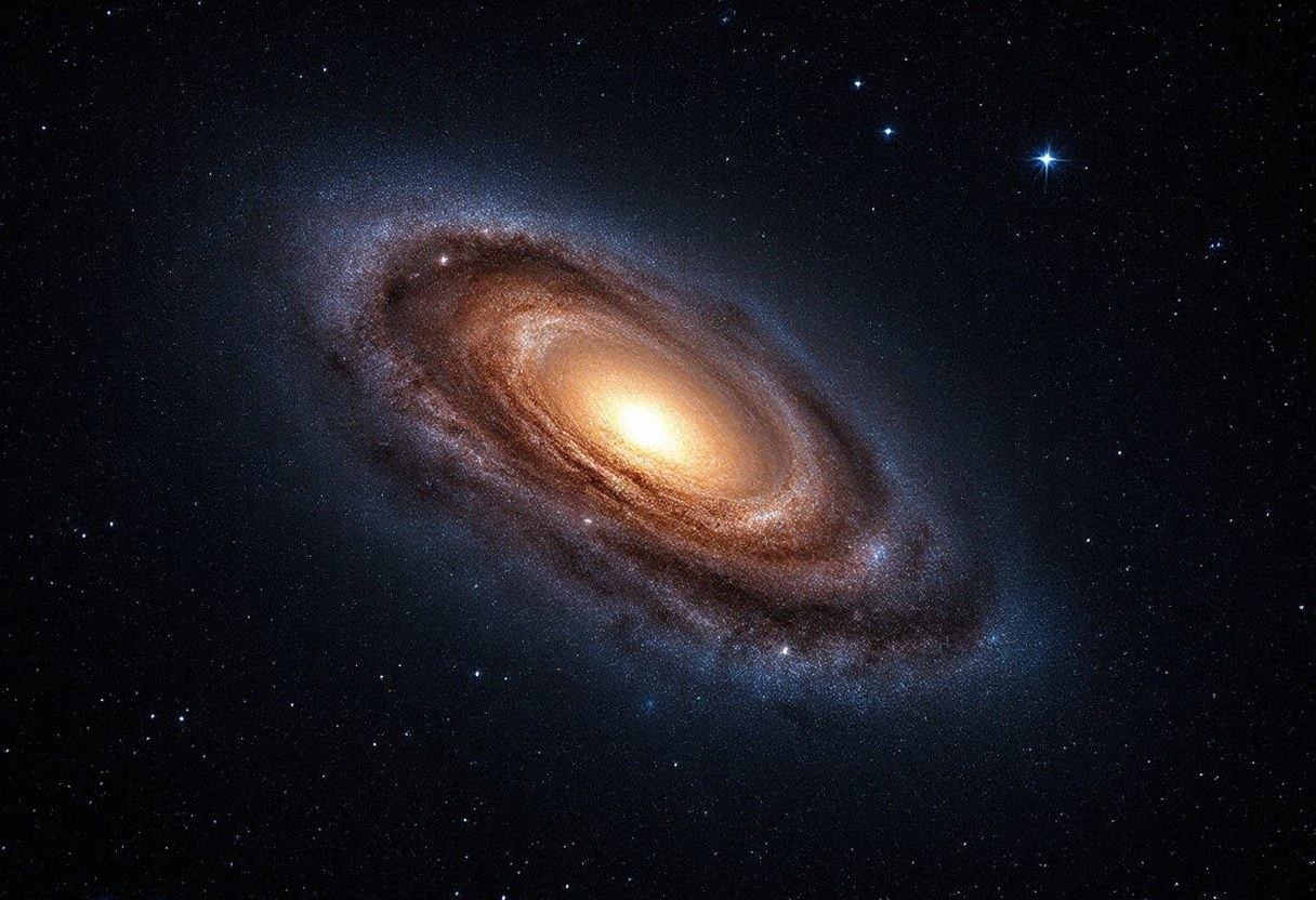 Deep-sky view of a spiral galaxy dense with stars, faint nebulosity