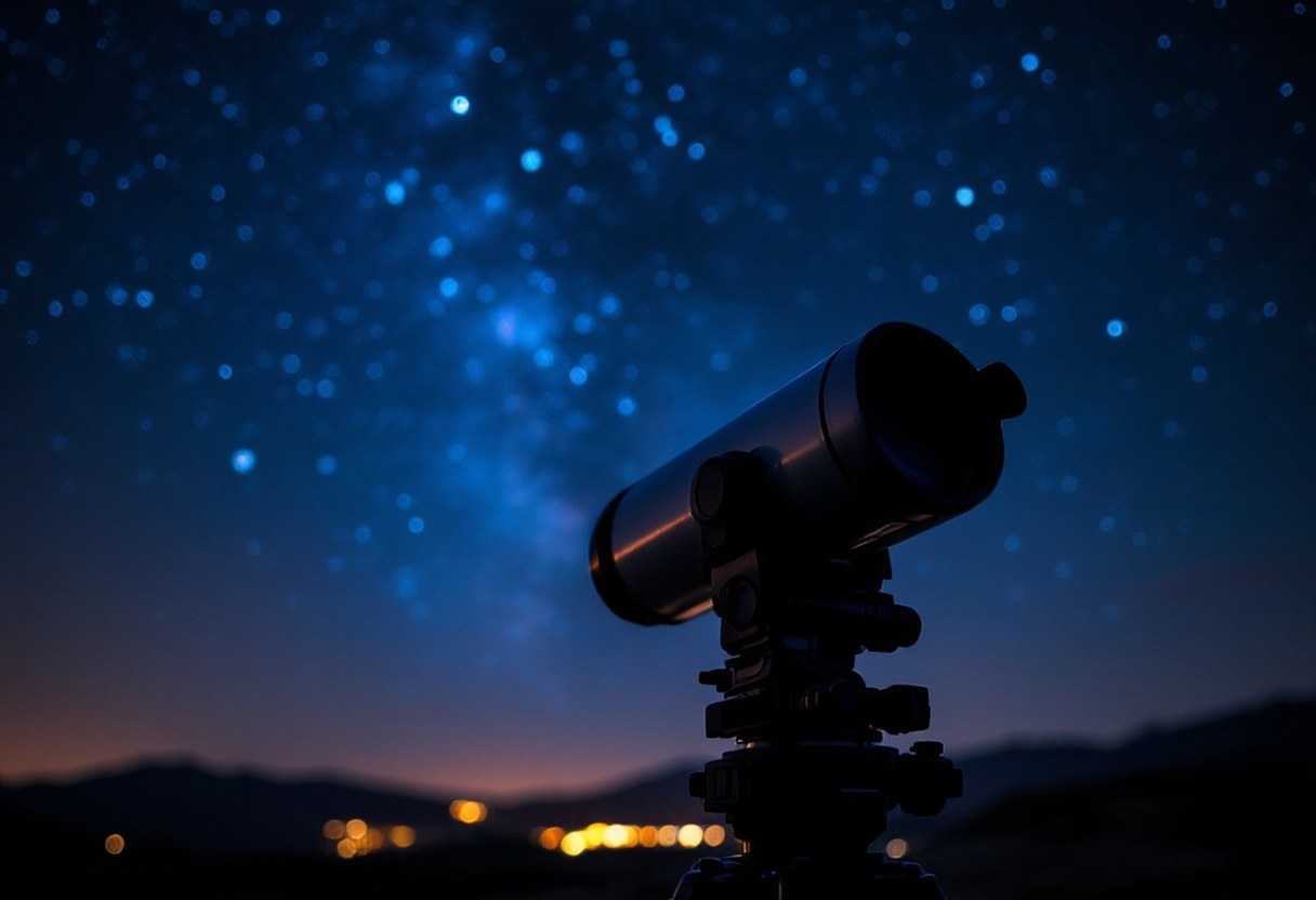 Camera on a star tracker aimed at the night sky, shallow depth of field