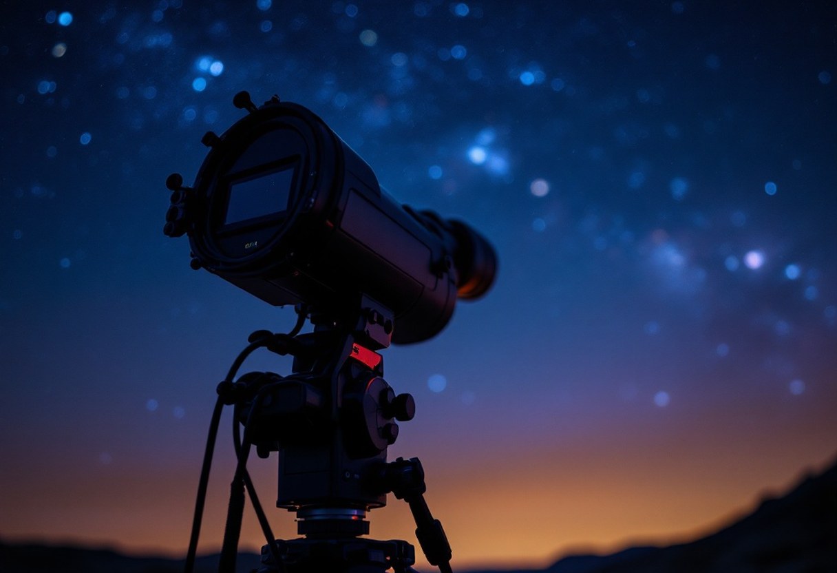 Camera on a star tracker aimed at the night sky, shallow depth of field