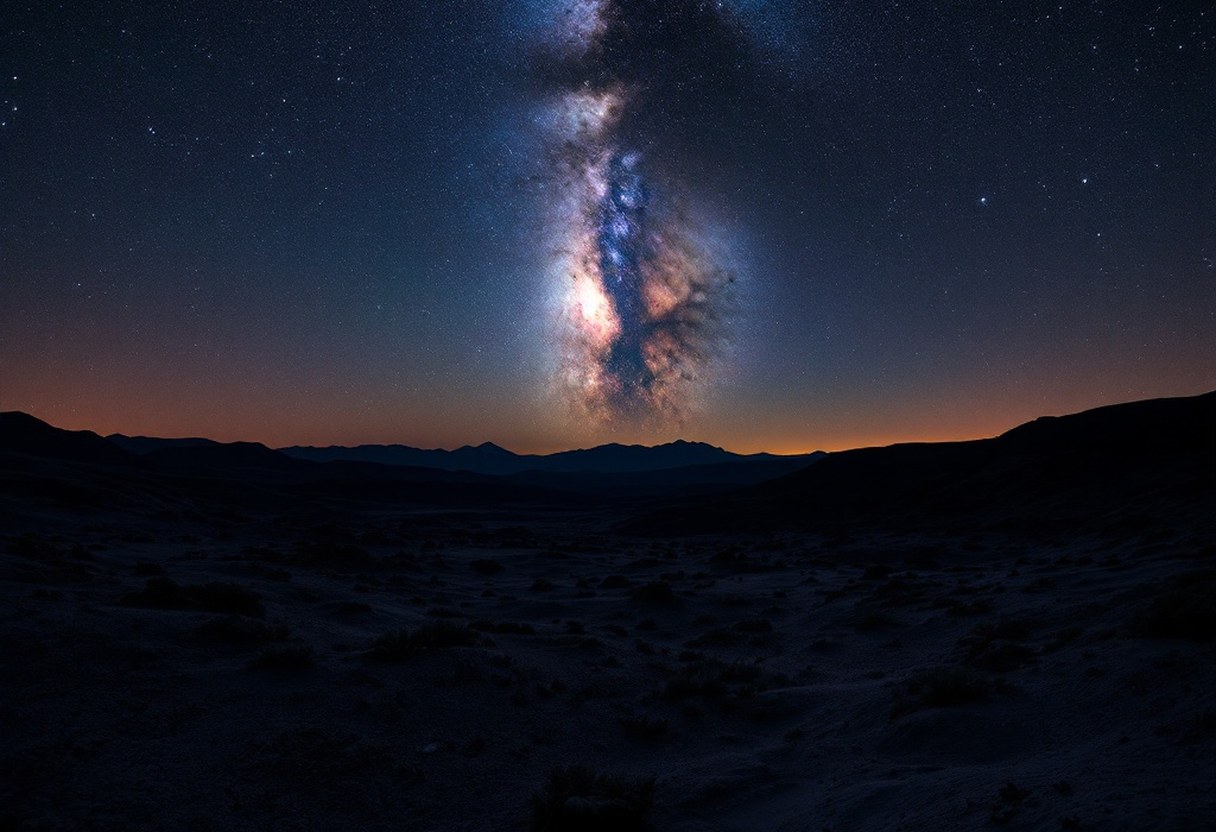Long-exposure night-sky photograph, Milky Way band in rich detail over a dark landscape