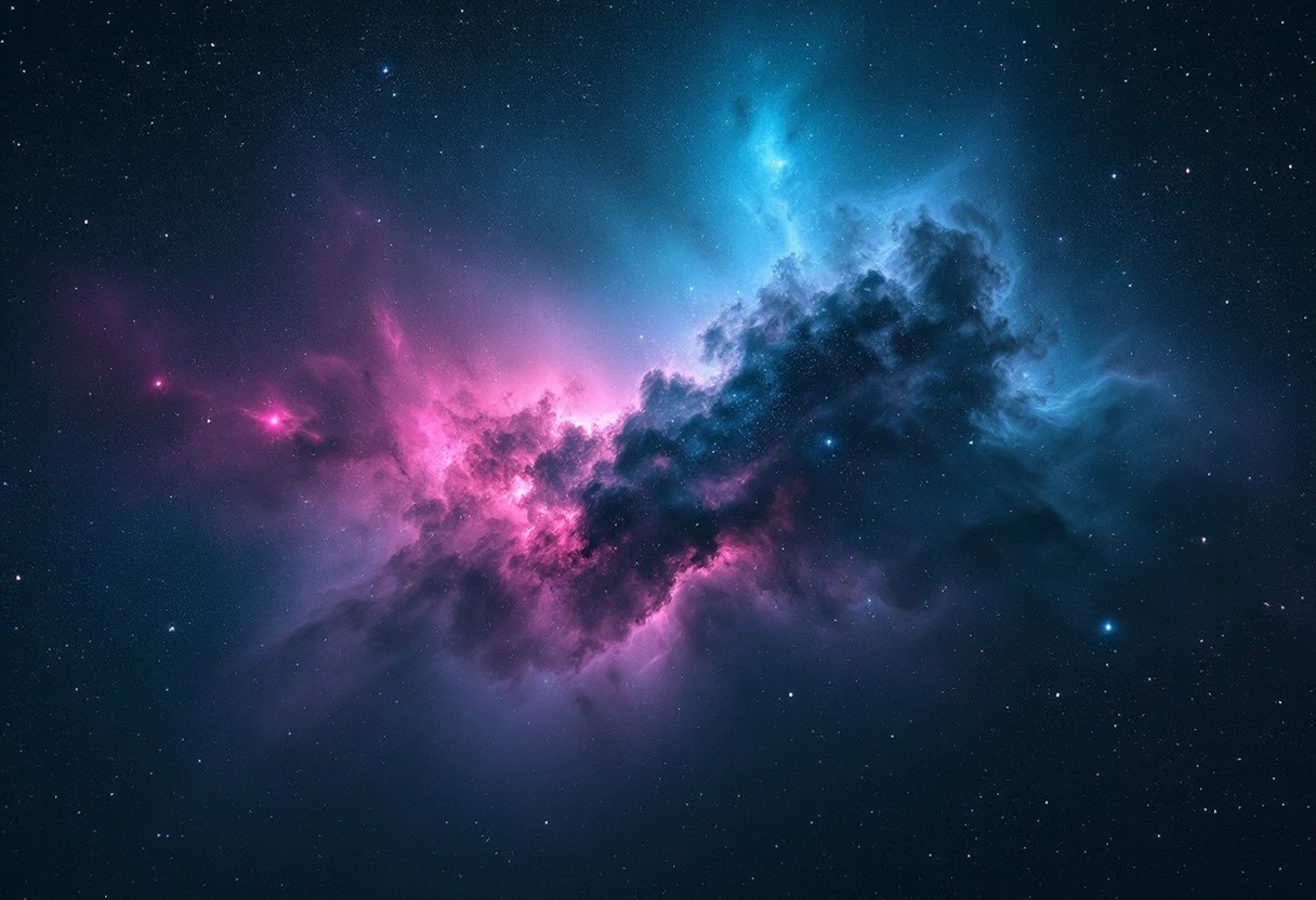 Astrophotograph — the Orion Nebula glowing pink and teal