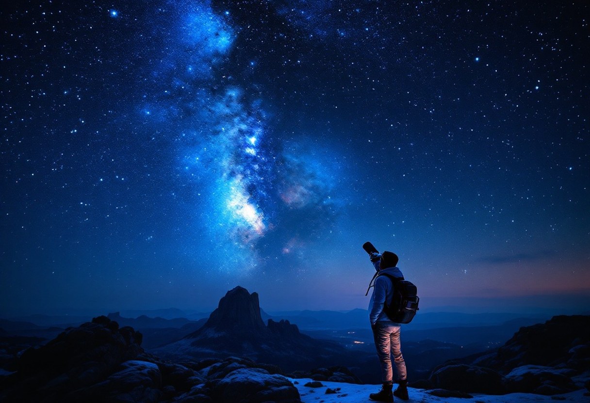 A dramatic night sky scene with a telescope silhouetted against the stars