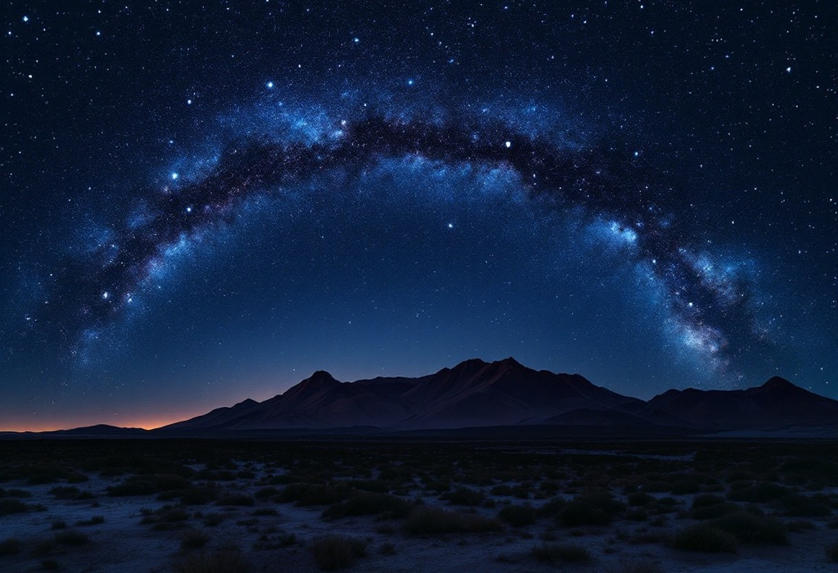 Wide star-filled sky arching over a remote dark-sky landscape