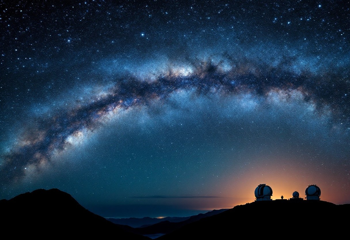 The Milky Way arching over the silhouetted summit observatories of Mauna Kea, Hawaii