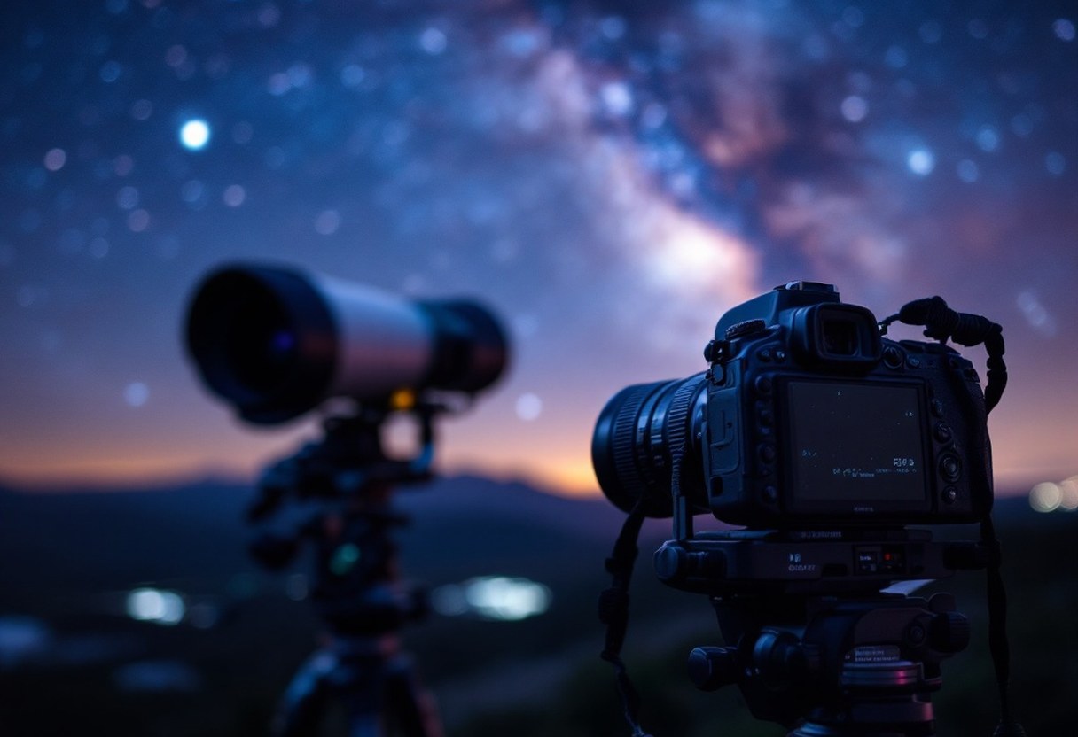 Camera on a star tracker aimed at the night sky, shallow depth of field