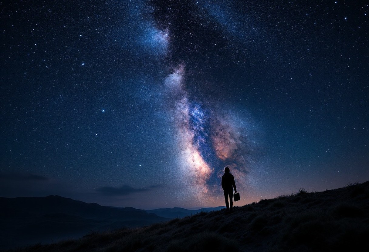 Long-exposure night-sky photograph, Milky Way band in rich detail over a dark landscape