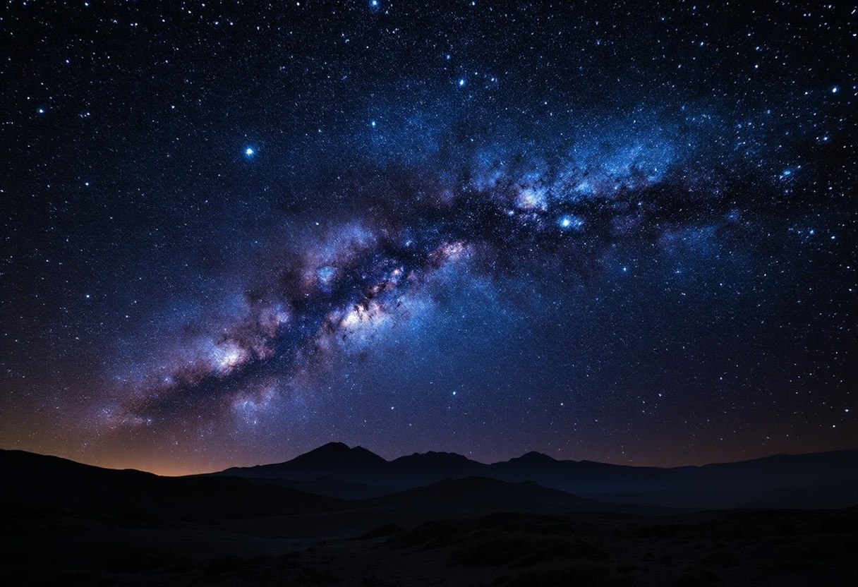 Wide-angle Milky Way arc over a dark landscape showing the galactic core and star field