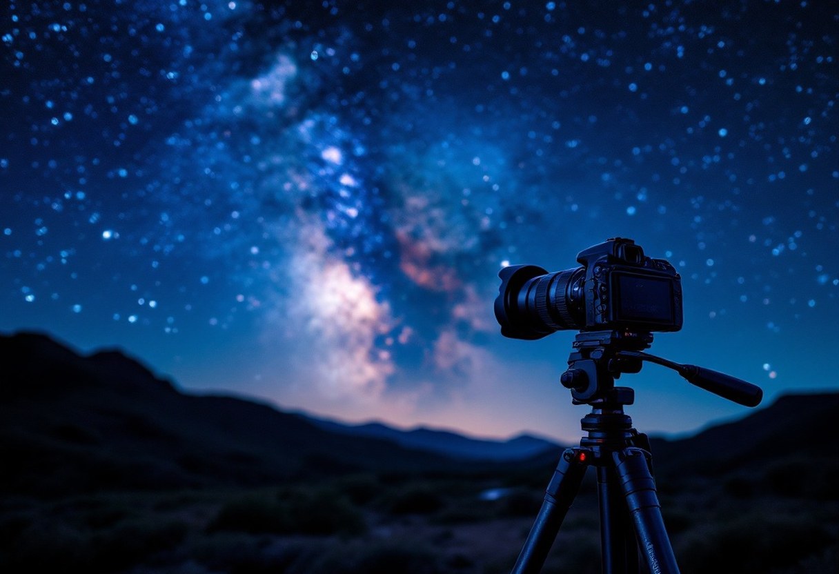 DSLR camera on a sturdy tripod set up at a dark-sky location for Milky Way astrophotography