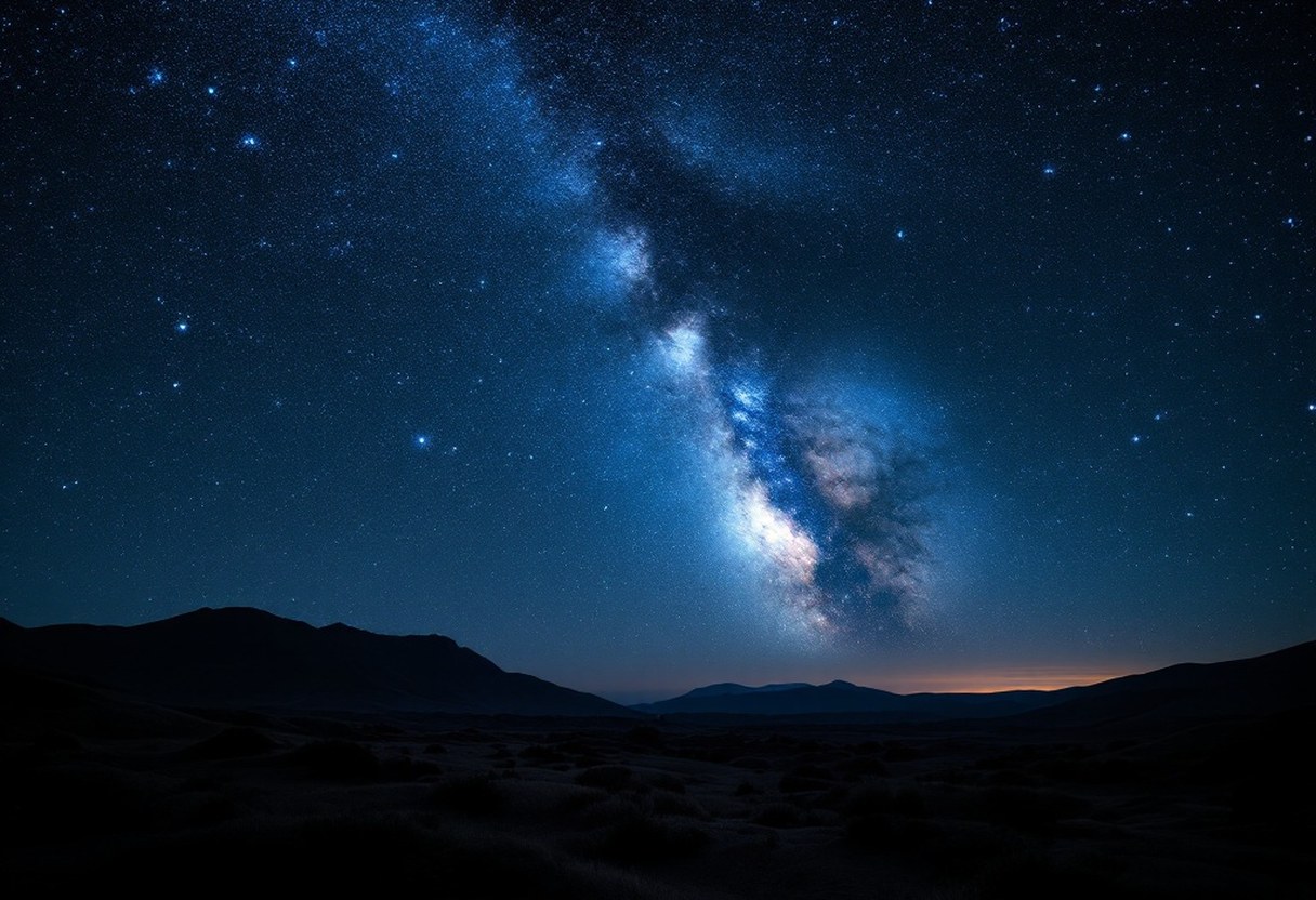 Long-exposure night-sky photograph, Milky Way band in rich detail over a dark landscape