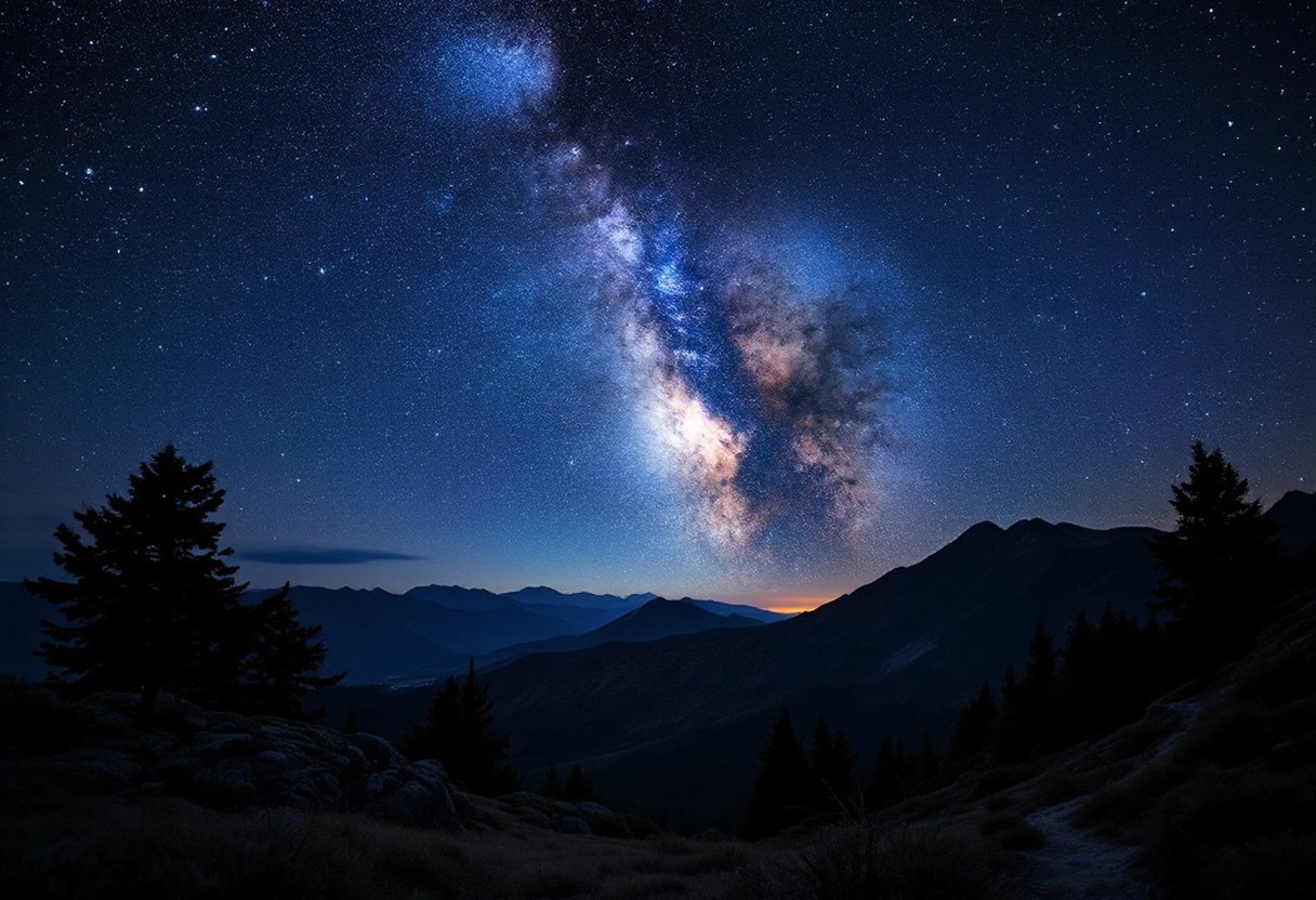 Wide-angle Milky Way core rising above a silhouetted ridgeline in a dark-sky wilderness area
