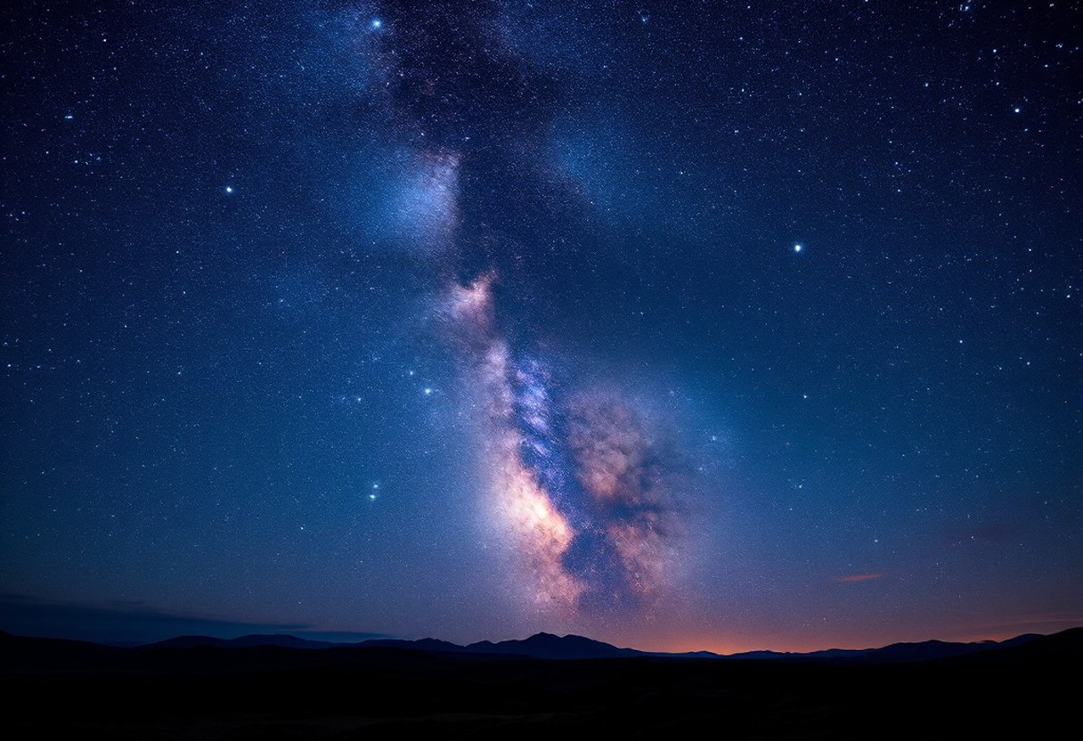 Long-exposure night-sky photograph, Milky Way band in rich detail over a dark landscape