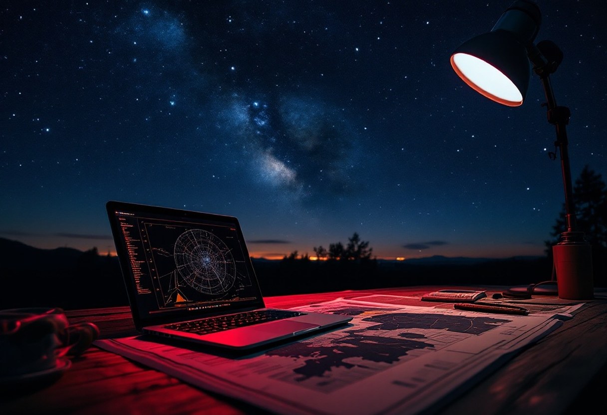 Star chart and laptop on a table under red observing light