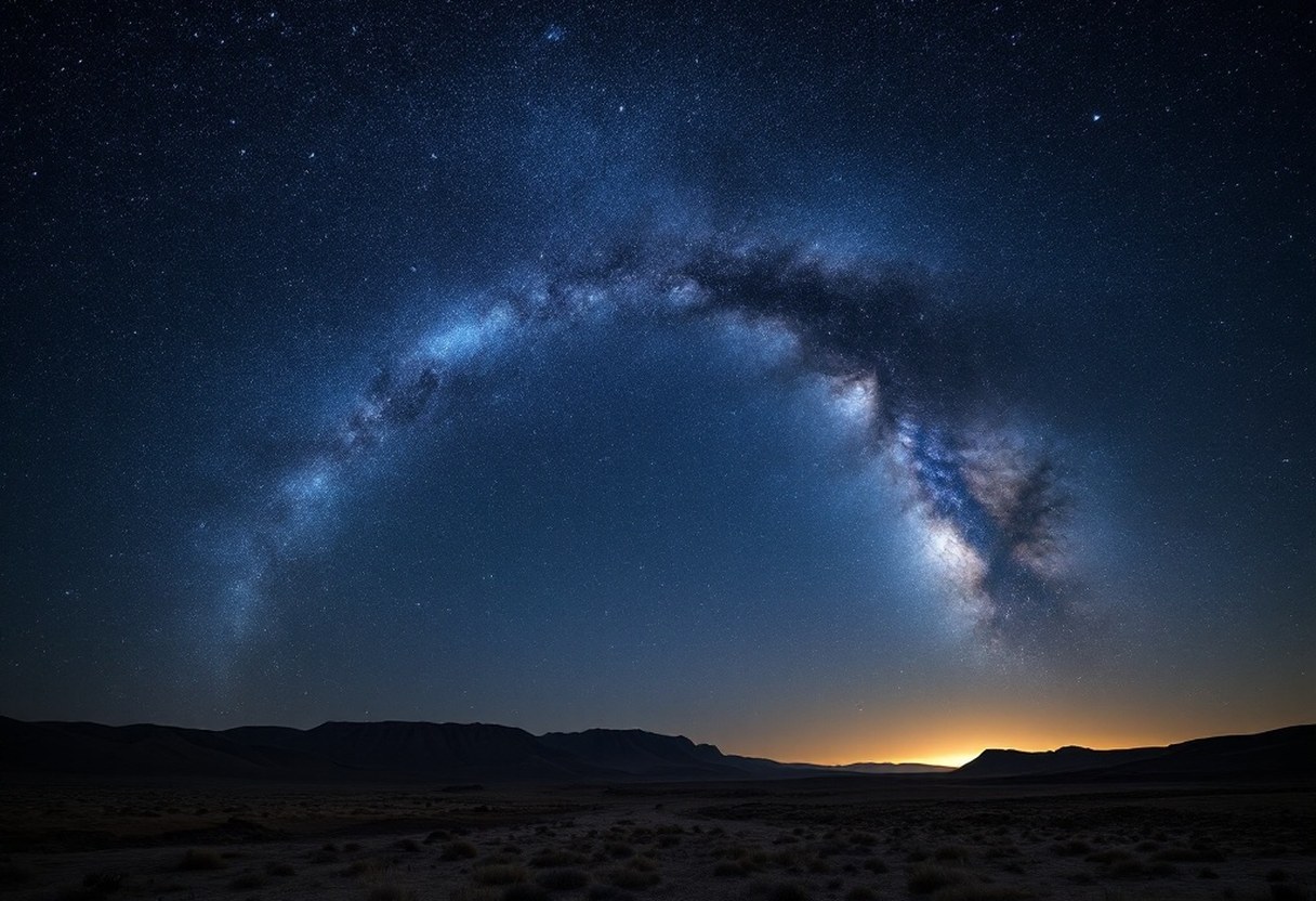 Wide star-filled sky arching over a remote dark-sky landscape