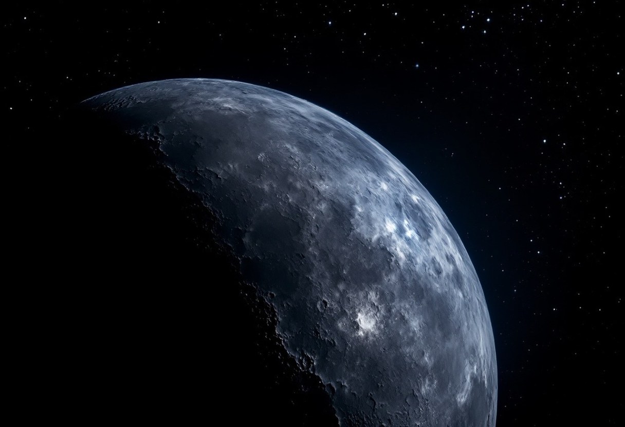 Close-up of the lunar terminator showing crater shadows at the quarter Moon phase